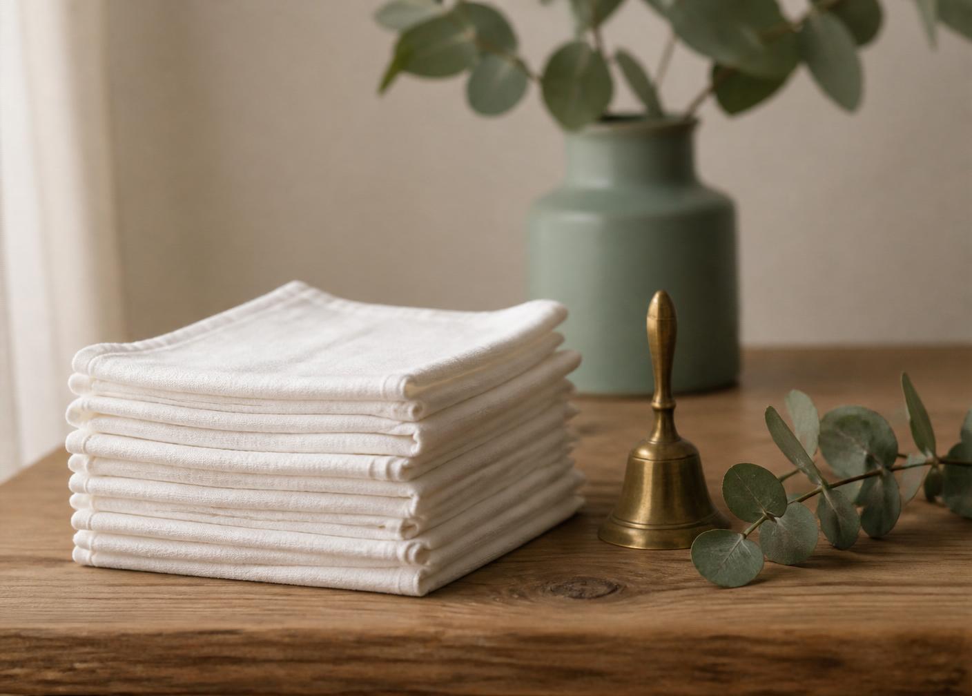 Folded cotton cloths, a brass hand bell and eucalyptus on an oak table