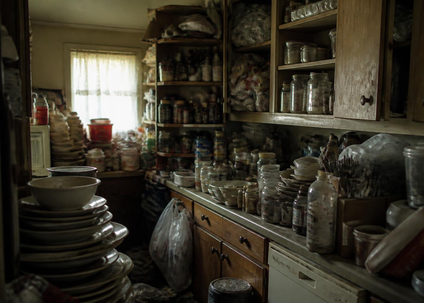 Hoarder's kitchen with stacks of unwashed dishes and jars covering every surface