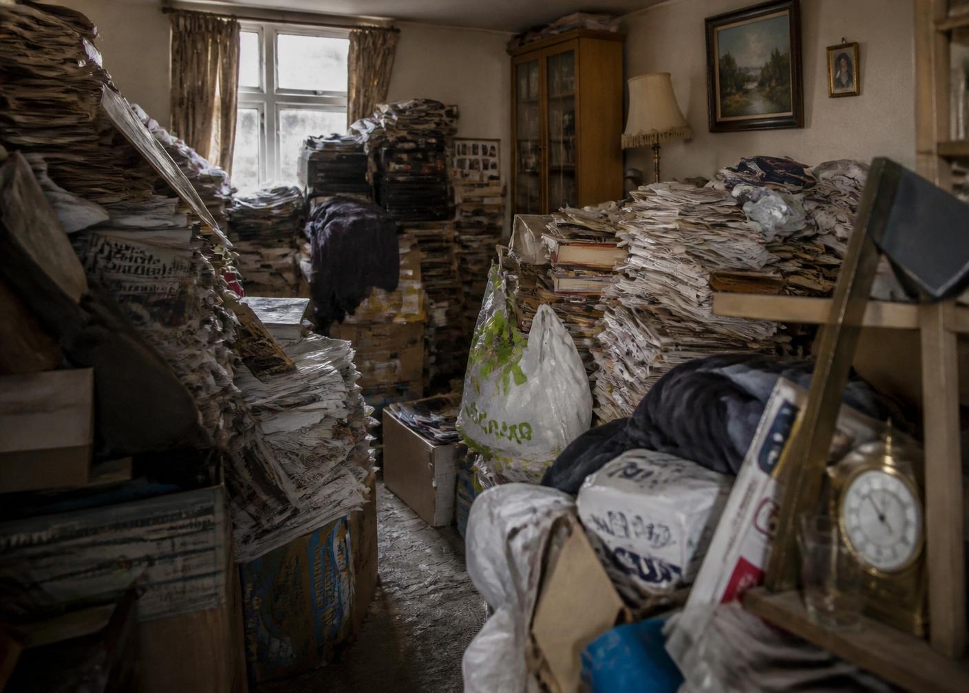 Cluttered London living room with newspapers, boxes and belongings stacked to the ceiling