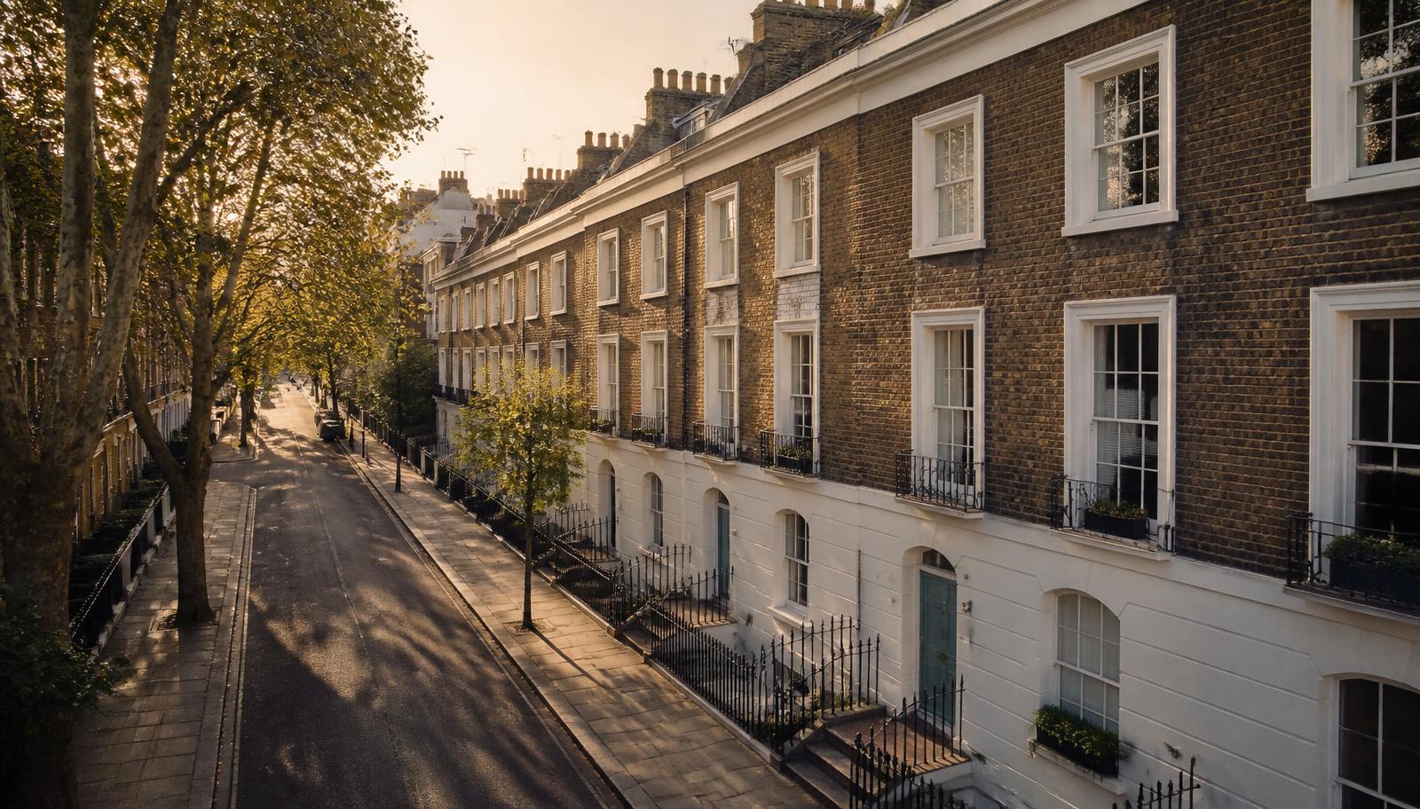 Georgian London terraced street at golden hour